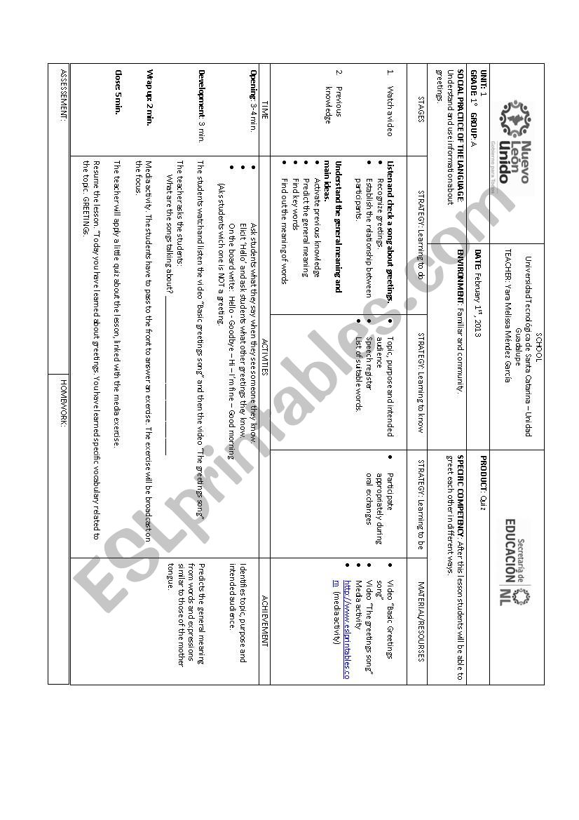 Lesson Plan - Greetings worksheet