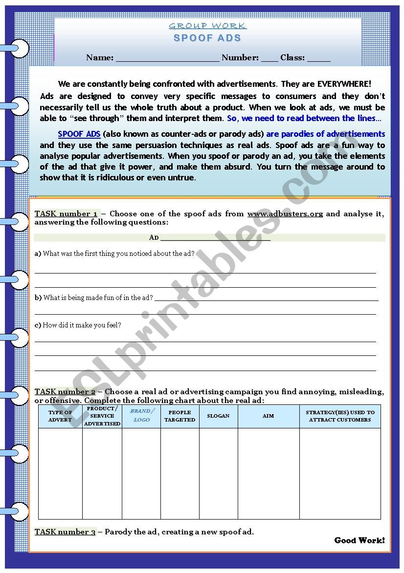 advertising-spoof ads worksheet