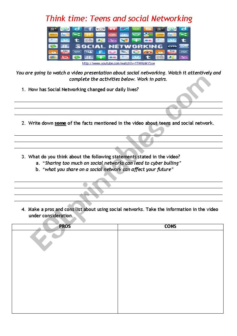 Teens and social networking worksheet