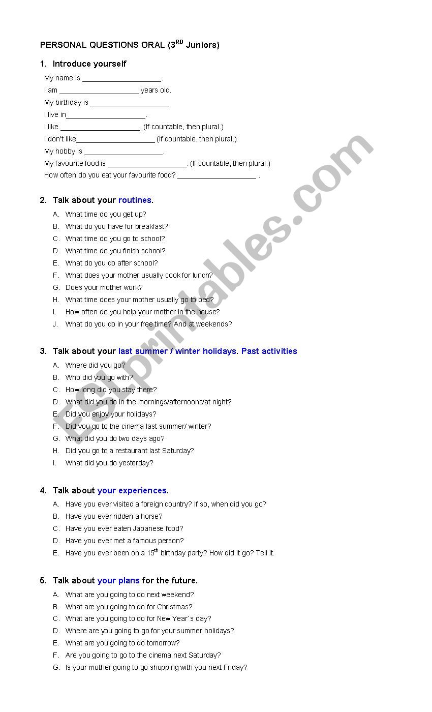 questions oral exam worksheet