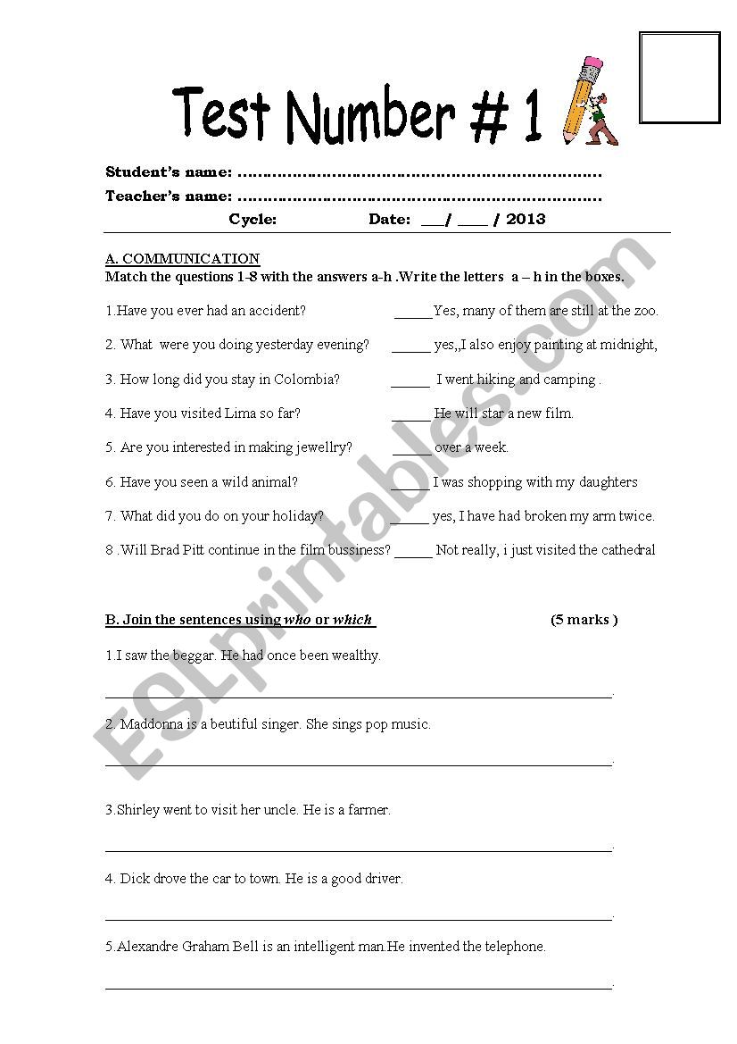 Test for elementary students worksheet