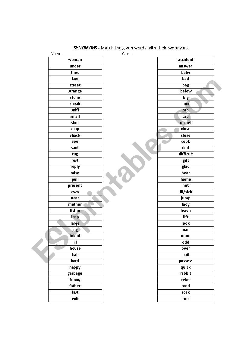 Synonym worksheet