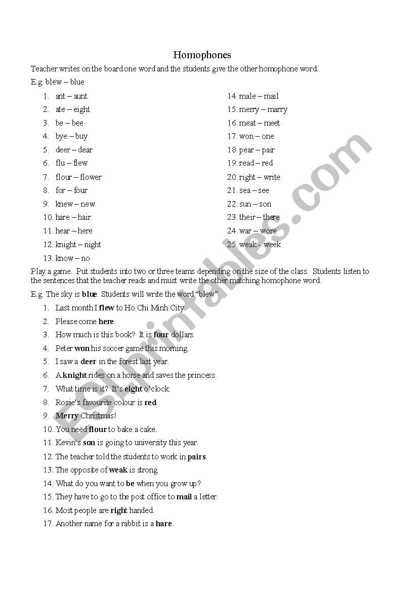 Homophones Games worksheet