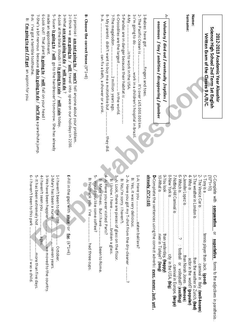 2nd term 1st exam worksheet