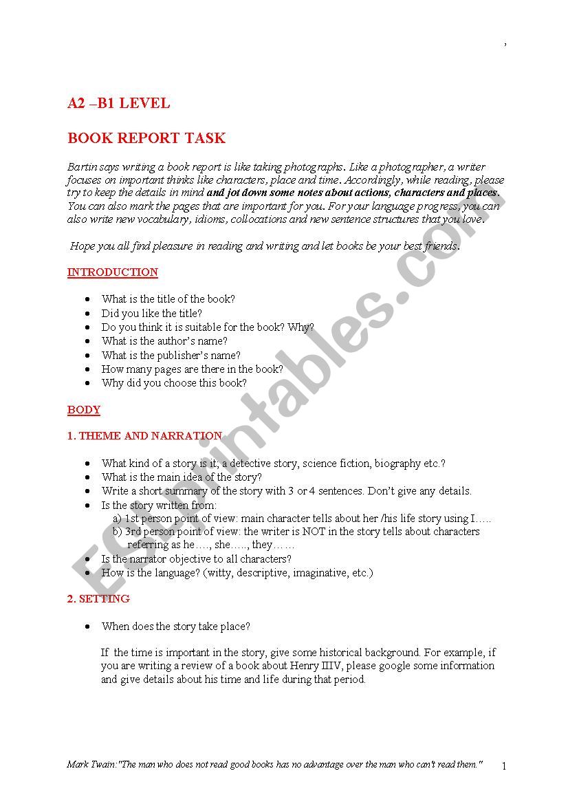 book report  worksheet