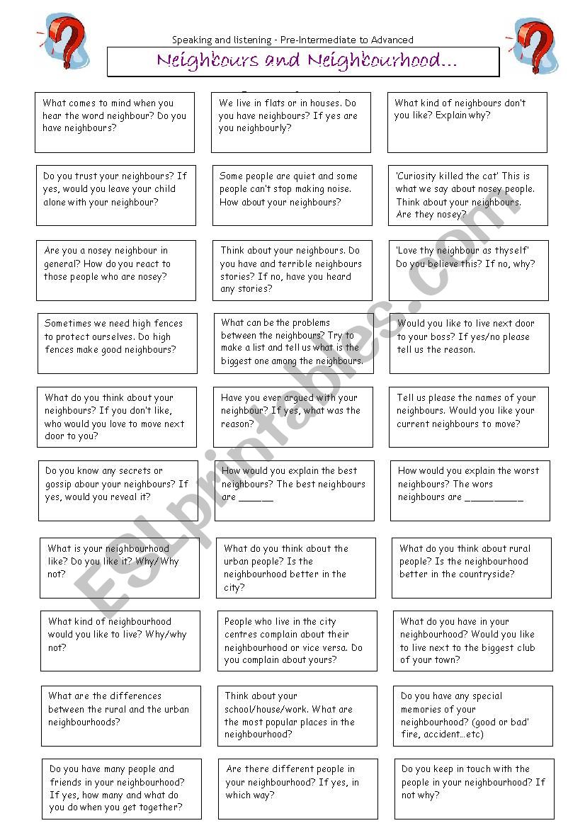 neighbours and neighbourhood worksheet