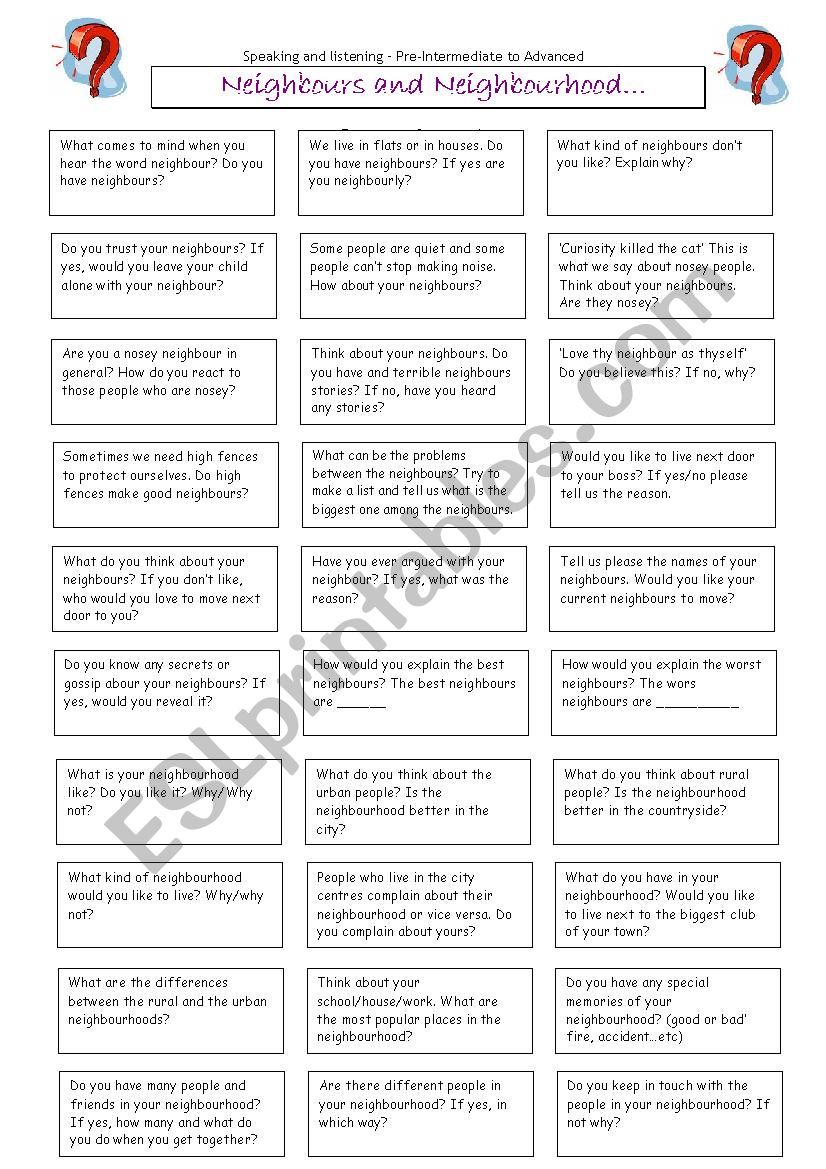 neighbours and neighbourhood worksheet