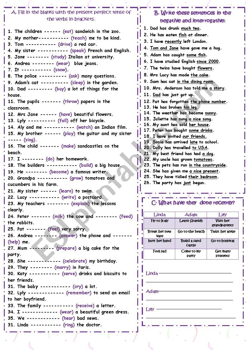 PRESENT PERFECT practice (affirmative / Negative / Interrogative) 