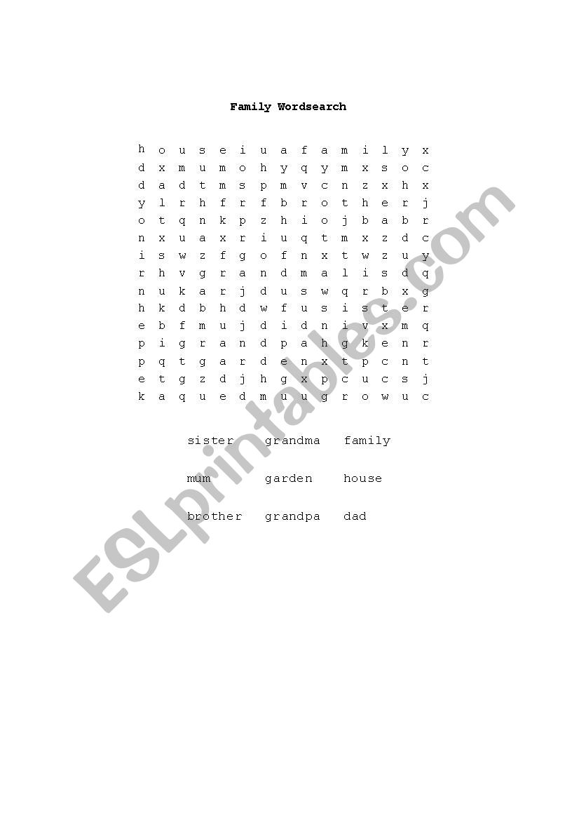 Family Wordsearch worksheet