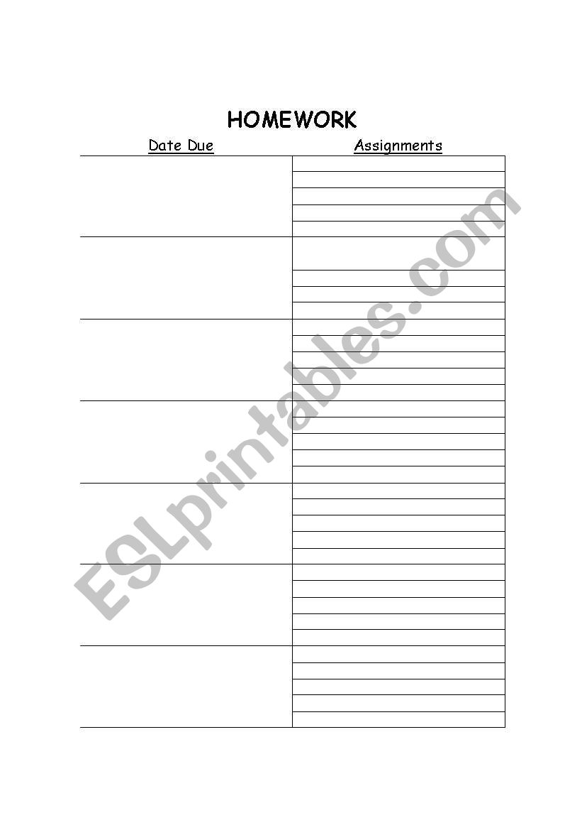 Homework assignment sheet worksheet