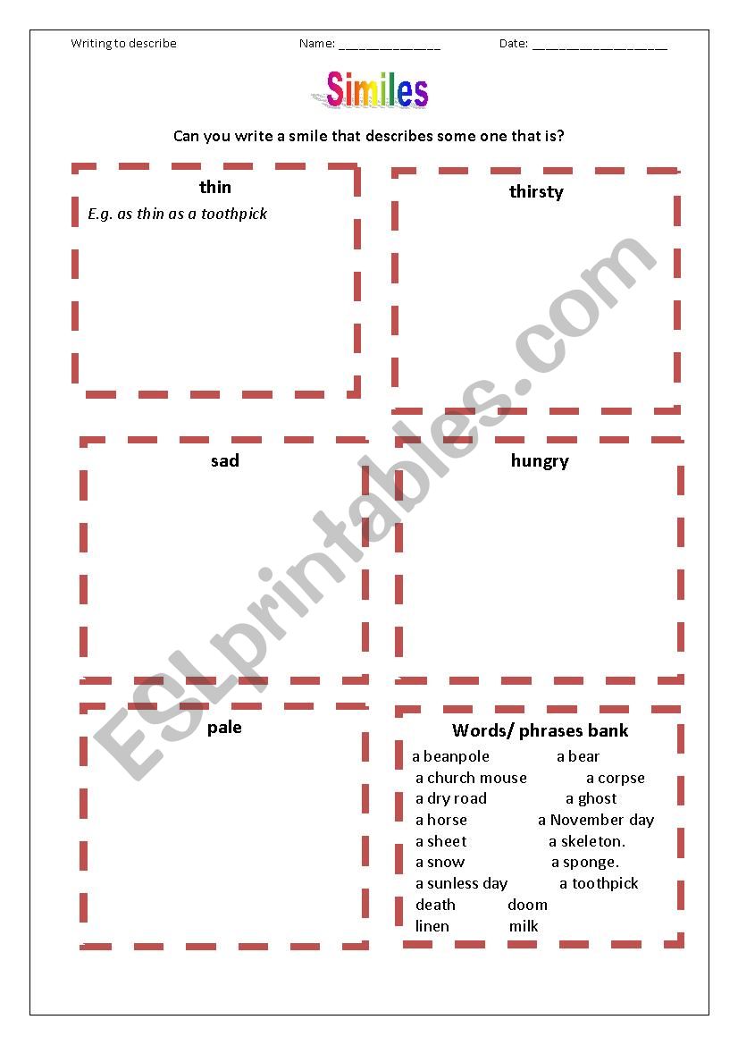 Similes. Key included worksheet