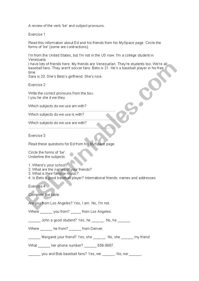 Revision of verb to be - simple present