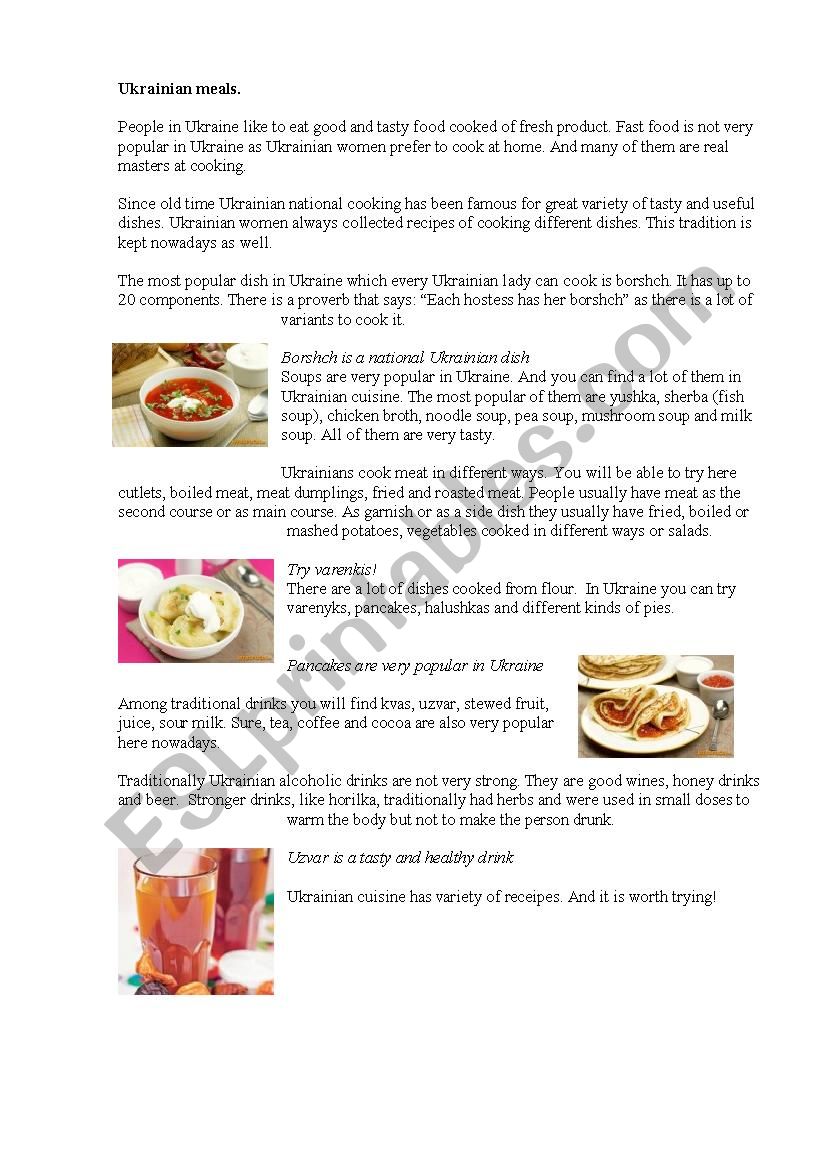 Ukrainian cuisine worksheet