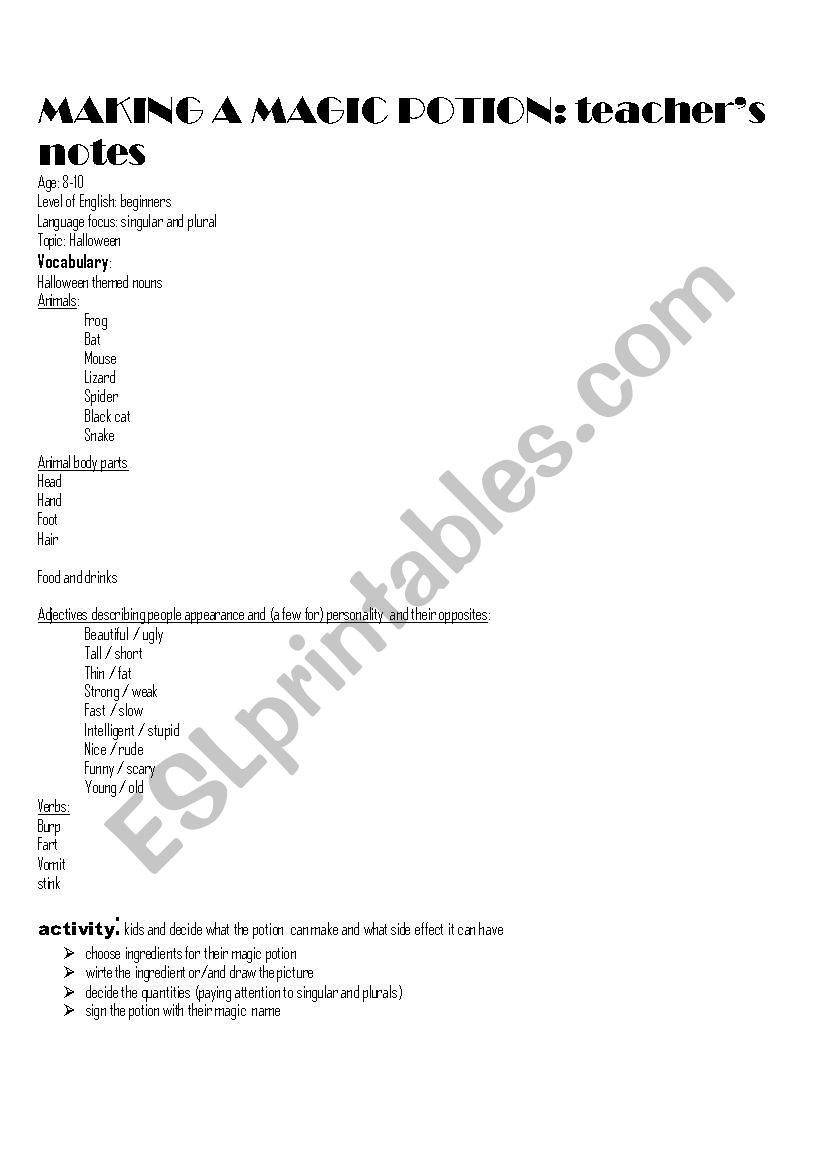 Magic Potion worksheet