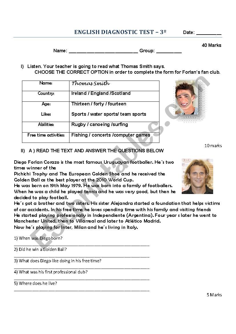 Diagnostic Test 3rd grade worksheet