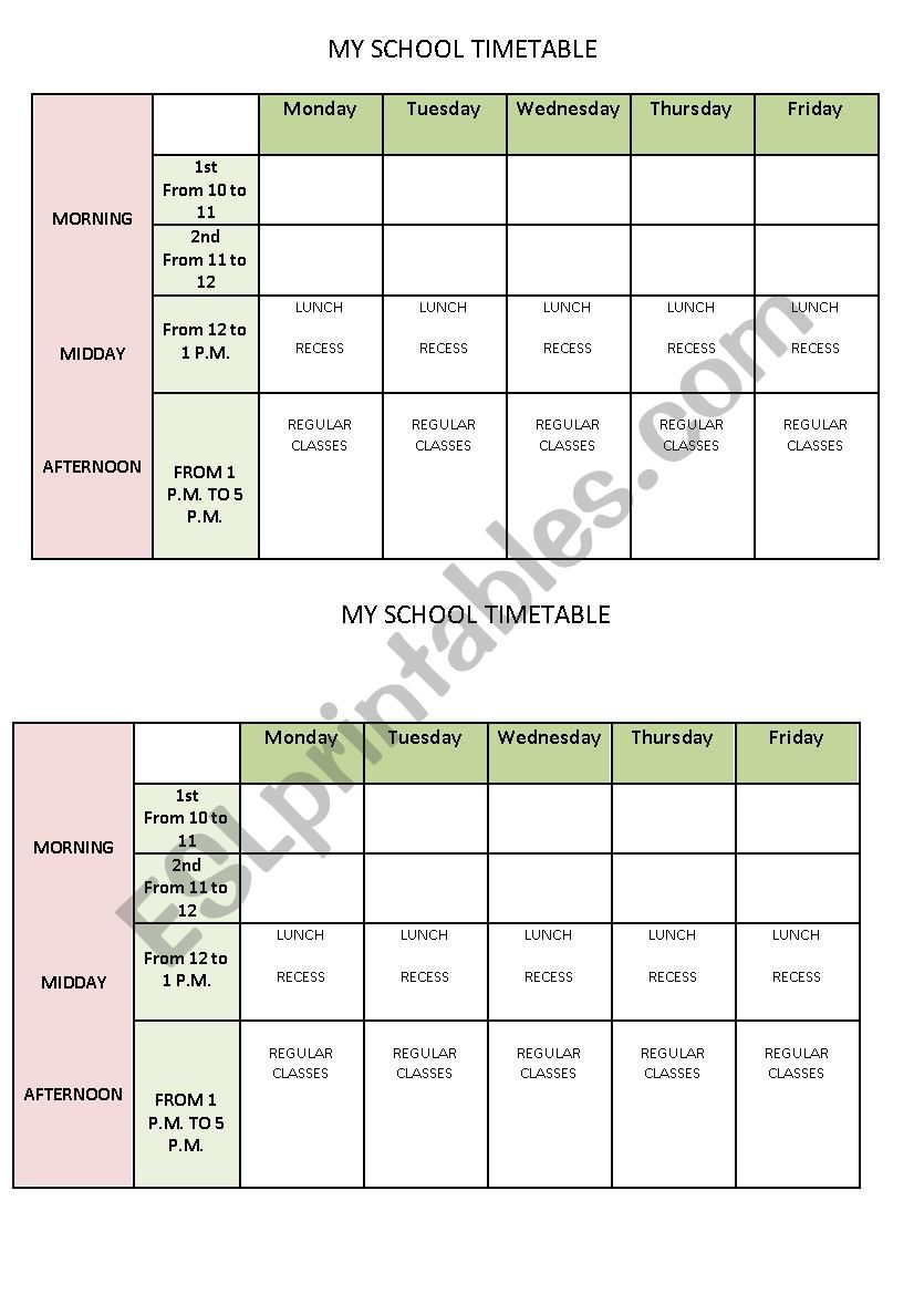 timetable worksheet