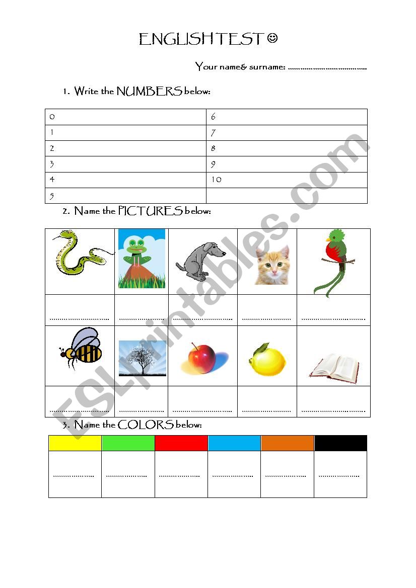 Numbers, animals, colors worksheet