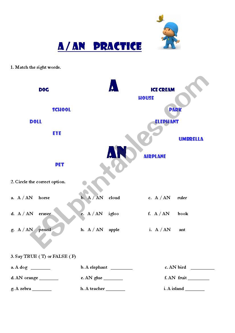 a / an Excercises worksheet