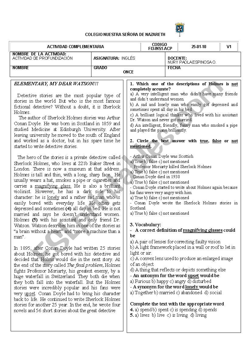 Elementary my dear watson - ESL worksheet by mafalda1021