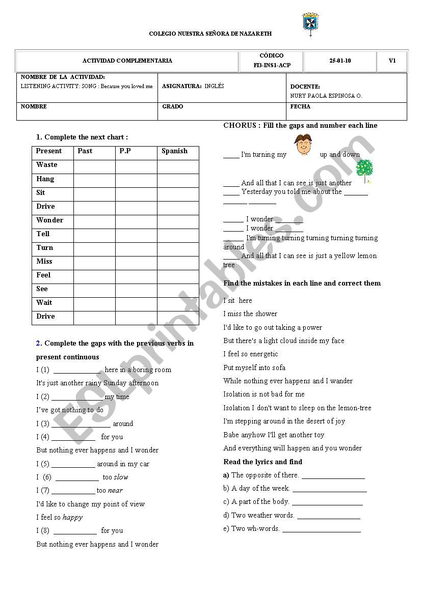 lemon tree song  worksheet