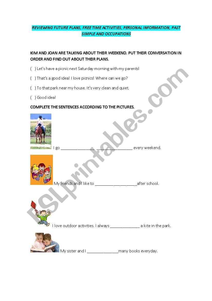 Reviewing future plans, free time activies, personal information, past simple and occupations.