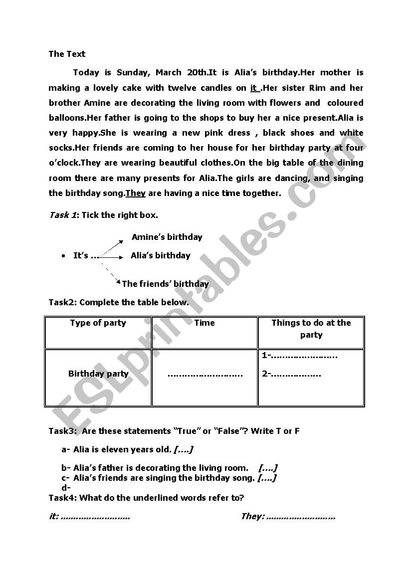 birthday party worksheet