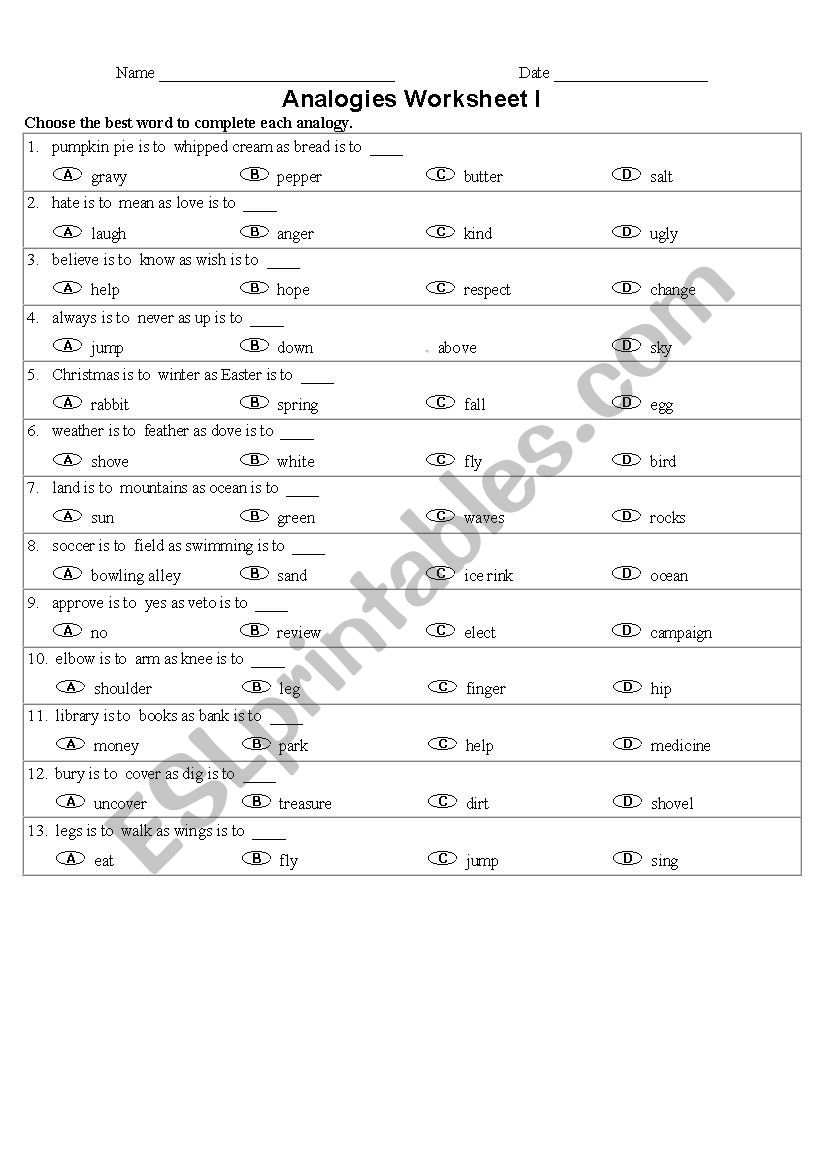 Analogies Worksheet worksheet