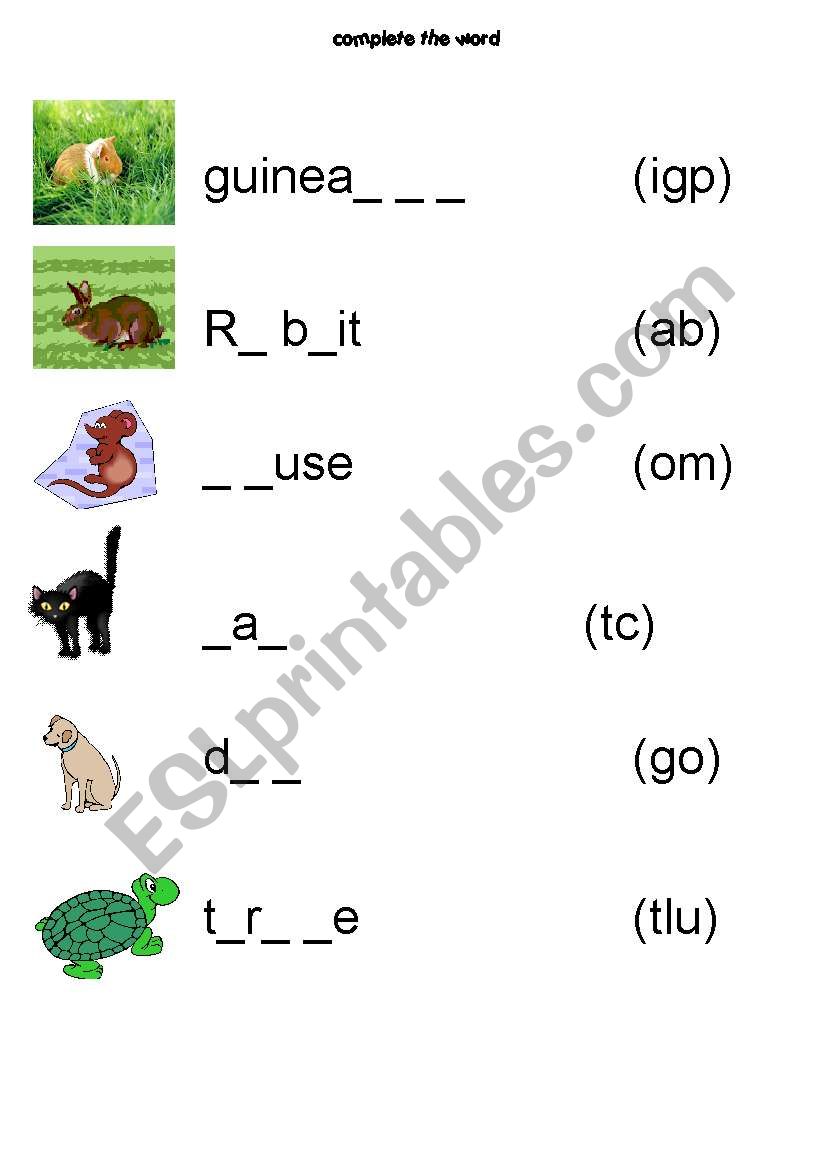 complete the word worksheet pets