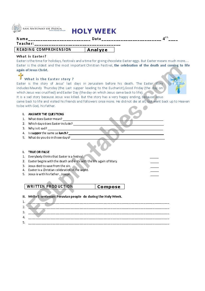 holy week worksheet