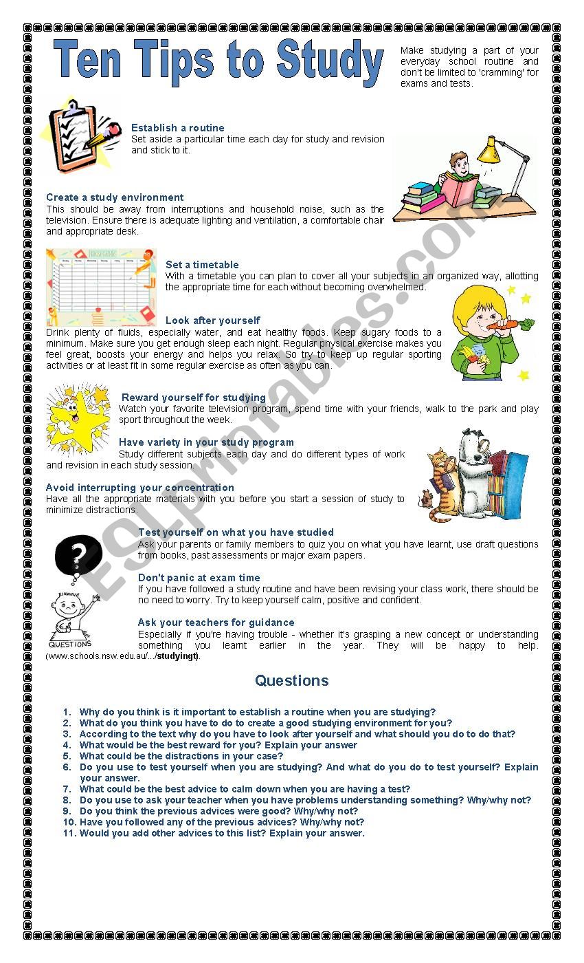 Ten Tips to Study worksheet