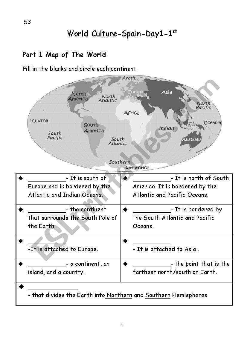Map of the World worksheet