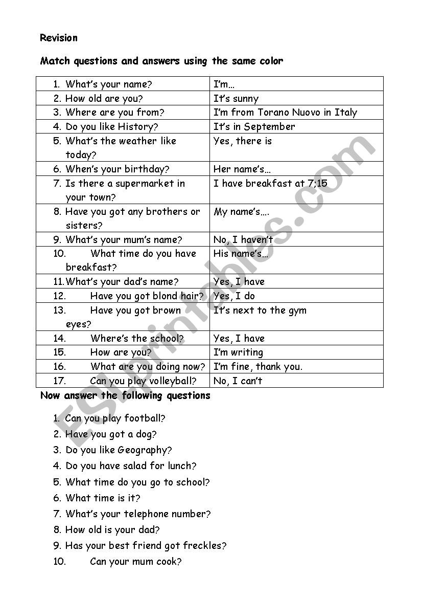 Revision questions worksheet