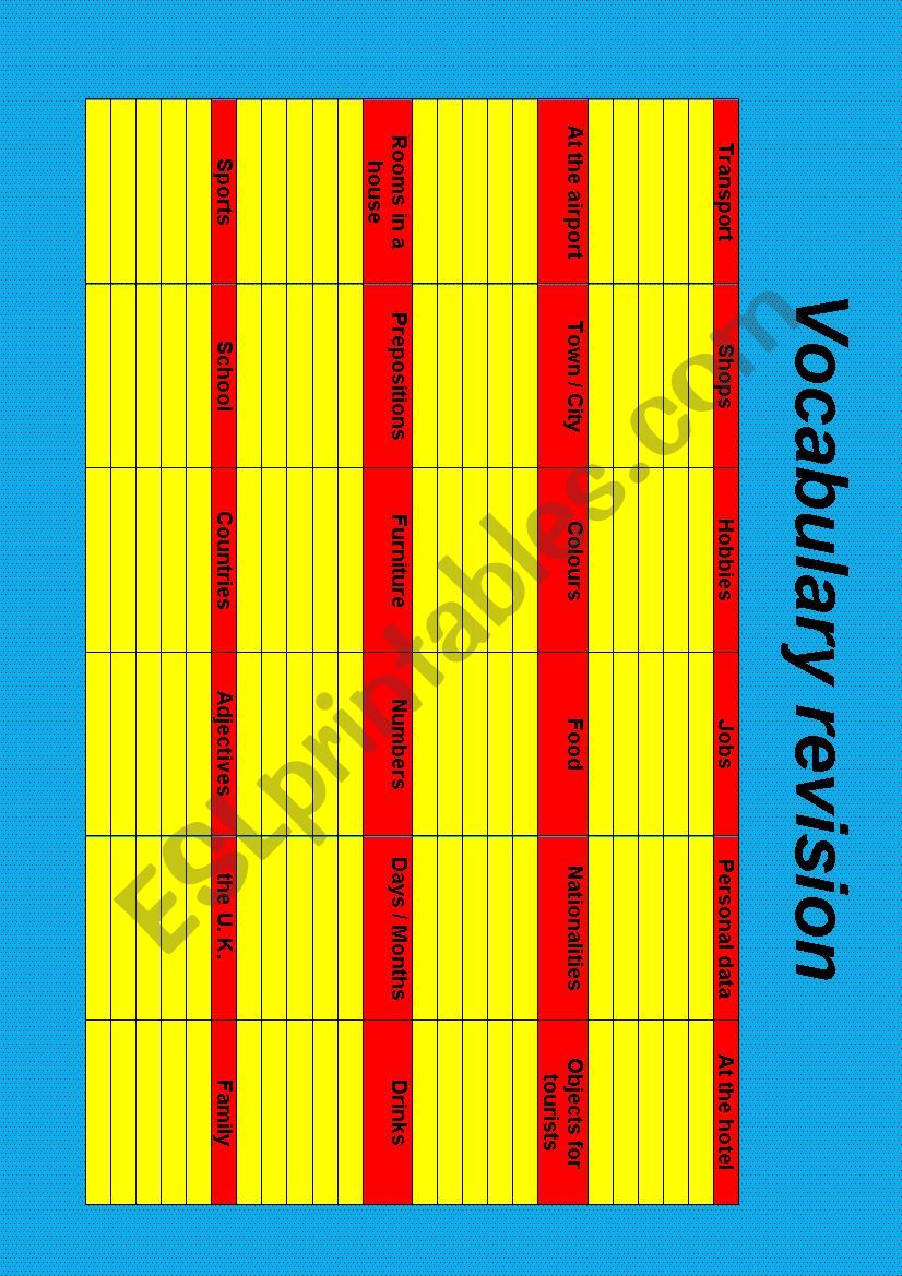 Vocabulary revision chart worksheet