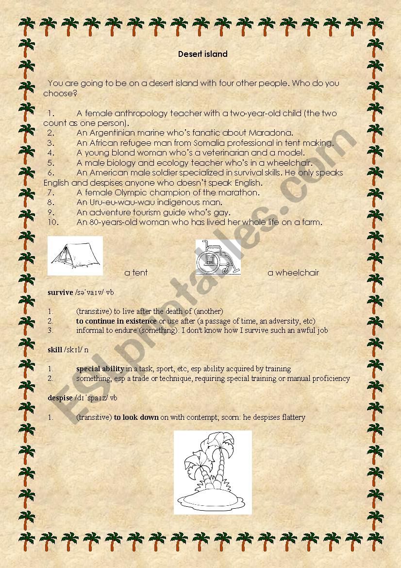 Desert island - oral activity worksheet