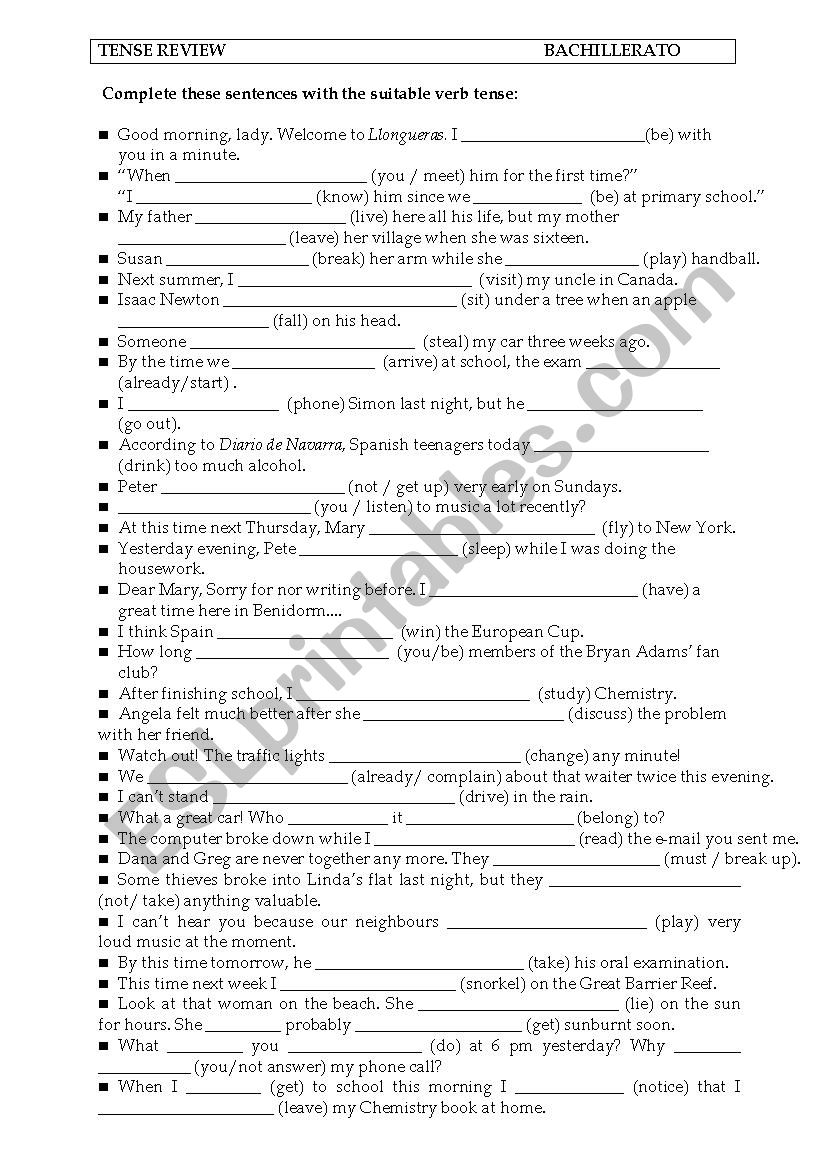 Vern Tenses Review 1 worksheet