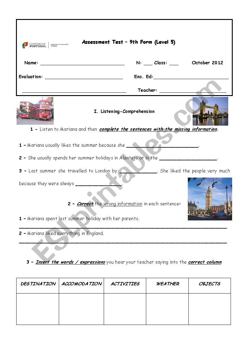 test about summer holidays worksheet