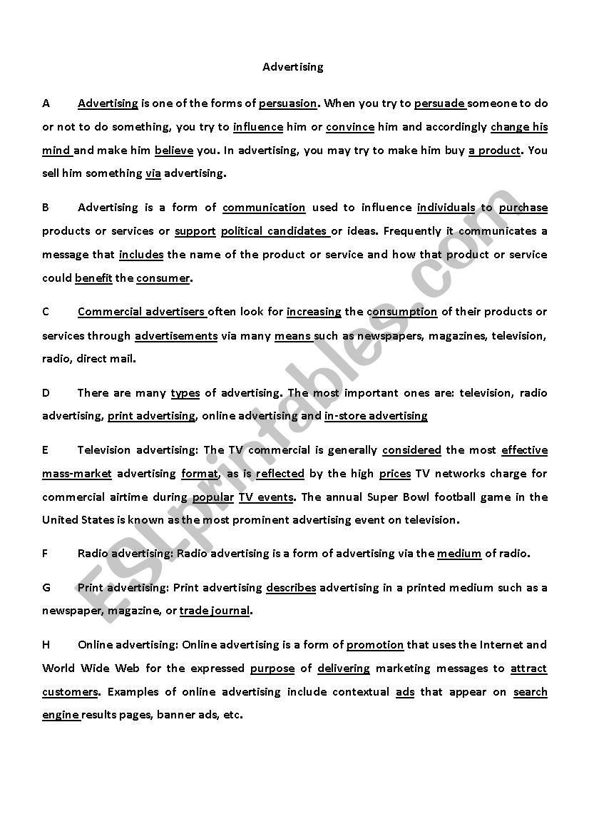 advertising  worksheet