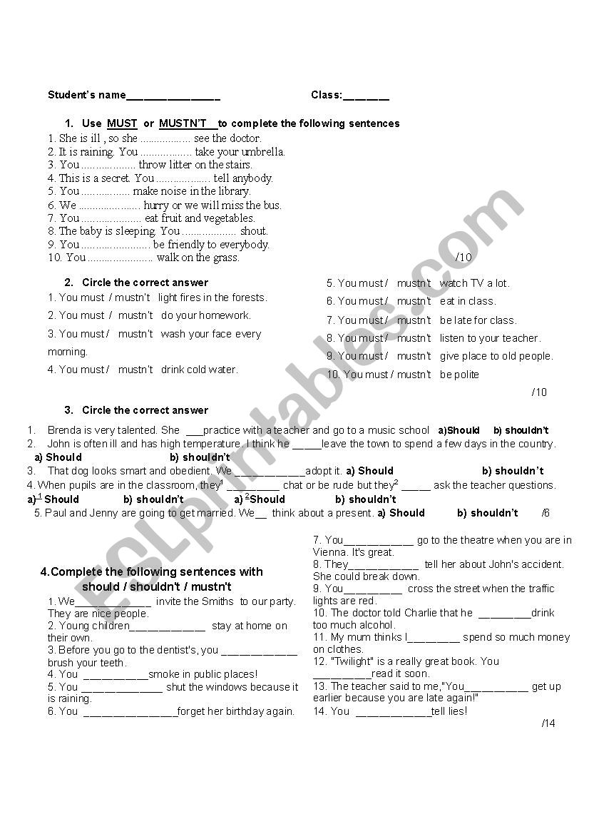 Short quiz on modals worksheet