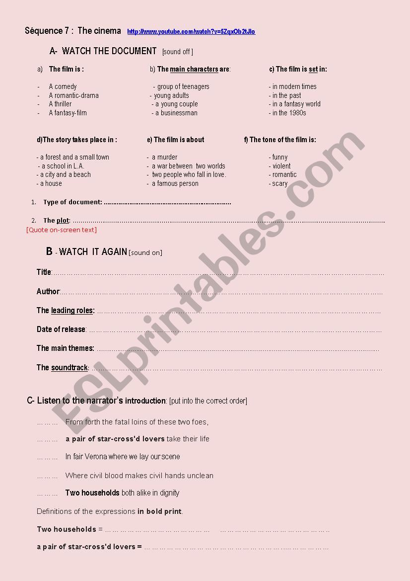 Romeo + Juliet film trailer worksheet