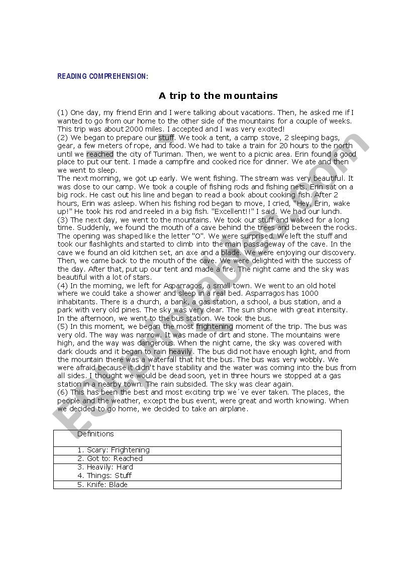 reading comprehension worksheet