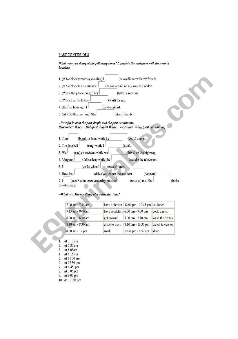 Past continuous worksheet