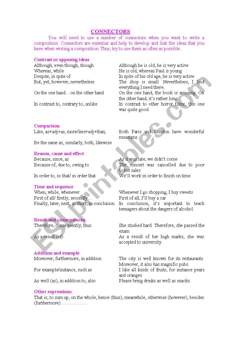 CONNECTORS worksheet