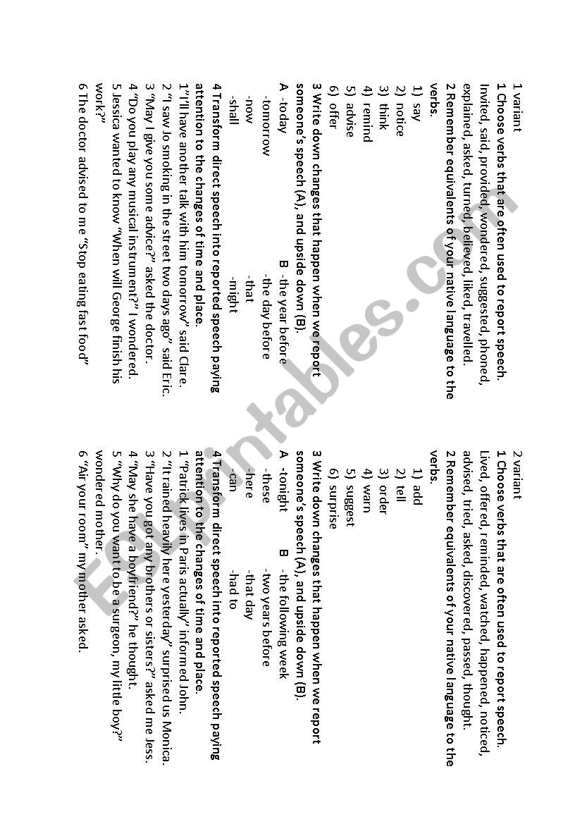 reported spech worksheet