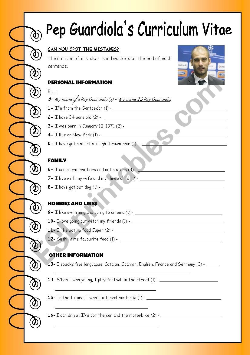 spot the mistake - Famous football manager  Pep Guardiolas curriculum vitae 