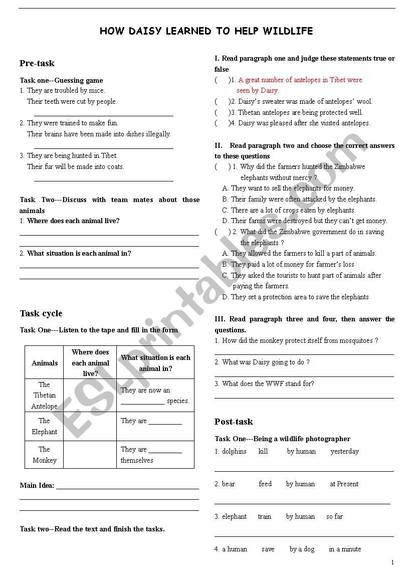 HELP WILDLIFE worksheet