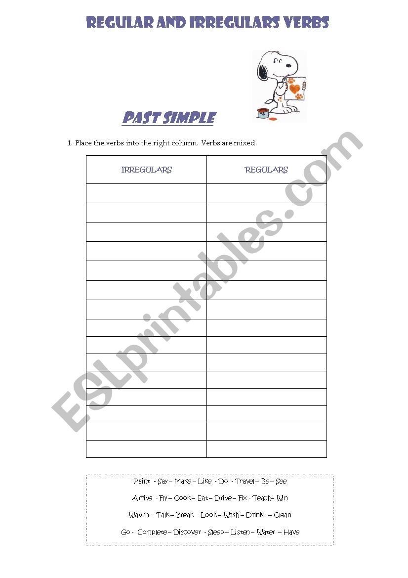 Irregular Verbs Chart Worksheet