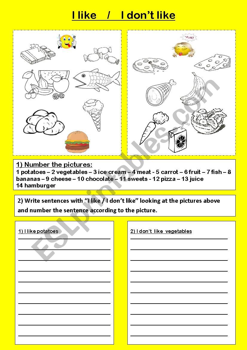 I like- I dont like and food worksheet