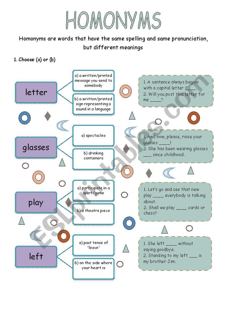 homonimys worksheet