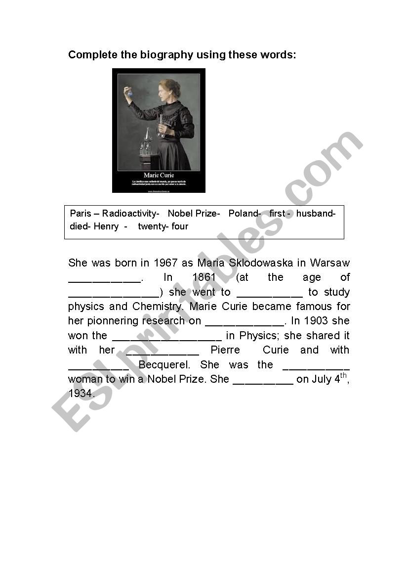 Marie Curie worksheet