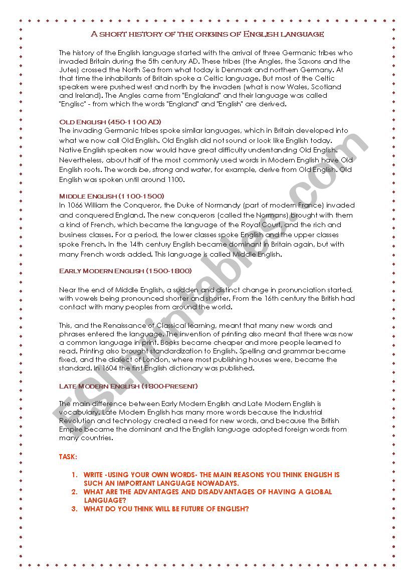 Brief history of English worksheet